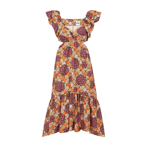 Autumn Adeigbo Cut Out Midi Chioma Ruffle Dress in Orange Base African Floral - Picture 2 of 11